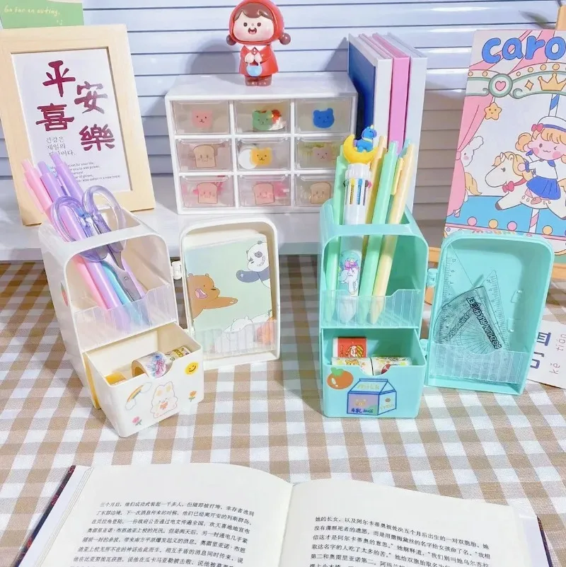 Cute Mini Refrigerator Shape Pen Holder Desktop Organizer Box Cartoon Girl Stationery Large Capacity Office Storage Free Sticker