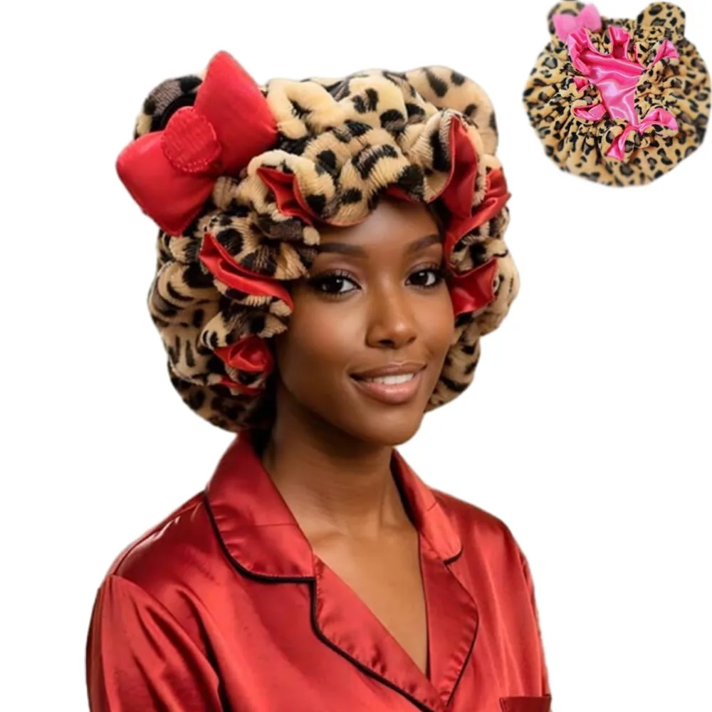 Durable Soft Hair Drying Cap Absorbent Quick-Drying Dry Hair Towel Bowknot Leopard Print Hair Towels Face Wash