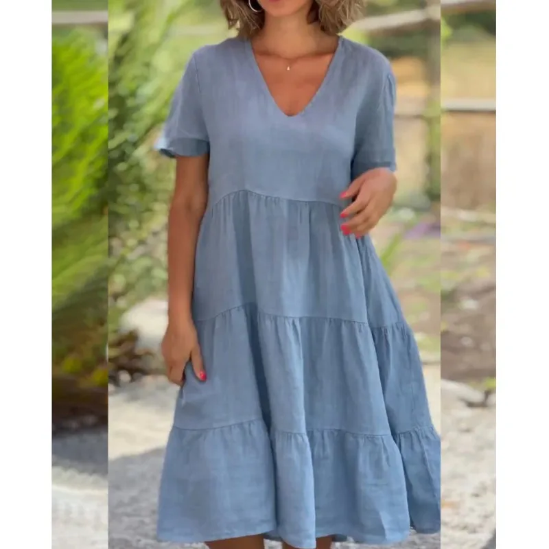 2024 Casual Loose Cotton And Linen Vestido 2024 Summer New Women\'s Fresh And Sweet V-neck Solid Large Swing Casual Dresses 5XL