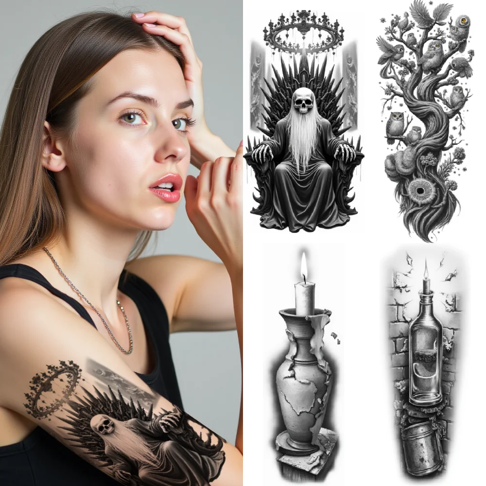 3pcs Temporary Tattoo Skeleton With Hat Black And Grey Realism Horse And Crow House In Background For Thighs Adults Women