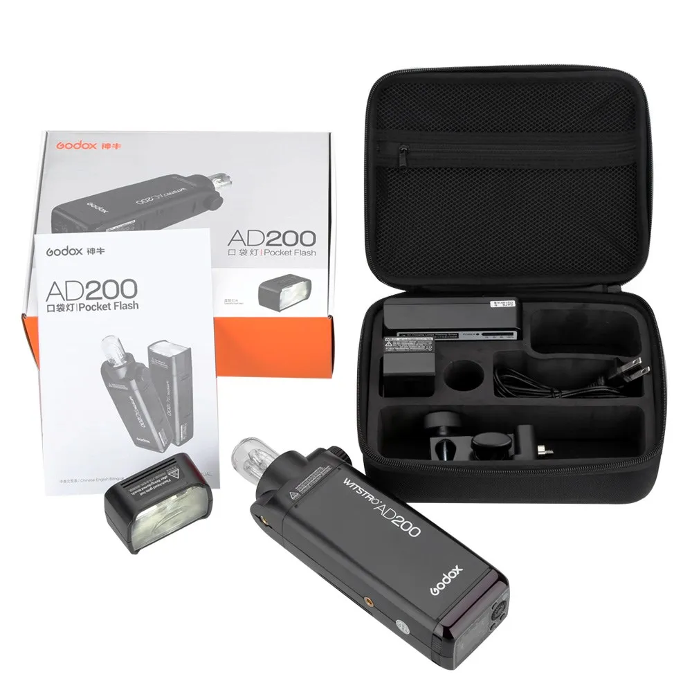 Godox AD200 Speedlite Flash Kit 200Ws 2.4G TTL Pocket Flash Strobo dengan 1/8000 HSS 2900MAh Baterai Lithium Bare Bulb BD-07