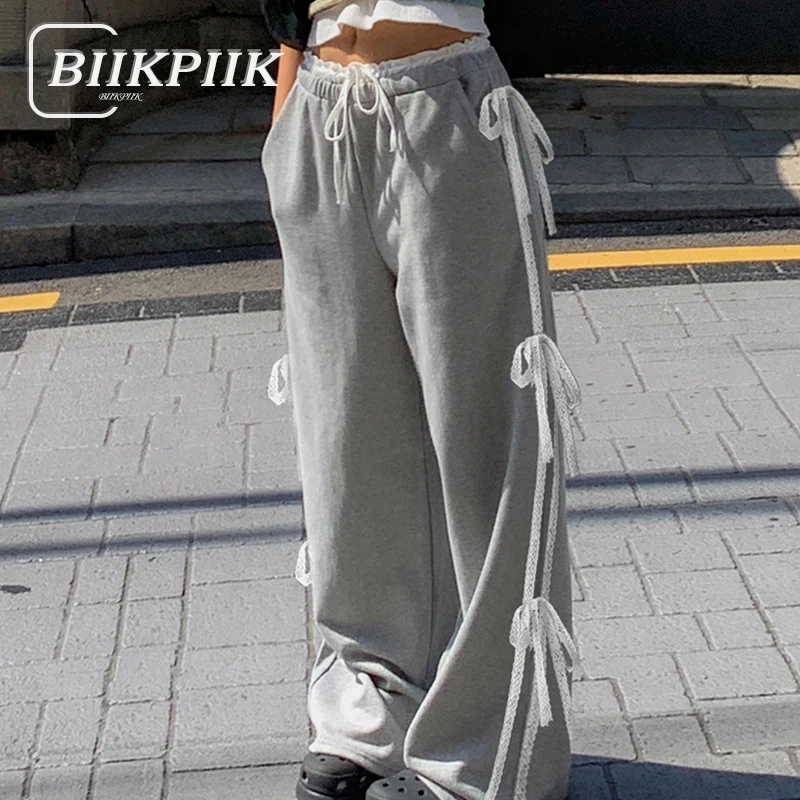 

BIIKPIIK Side Lace Bow Pants Casual Sweet Contrast Color Patchwork Sweatpants Girls Streetwear All-match Straight Knit Trousers