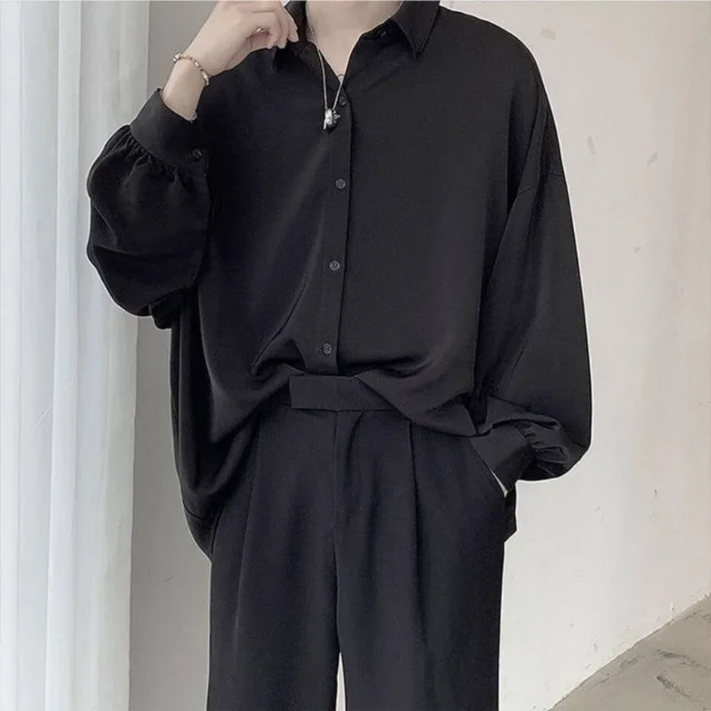 2025 Black Long-sleeved Shirts Men Korean Comfortable Blouses Casual Loose Single Breasted Shirt with Tie