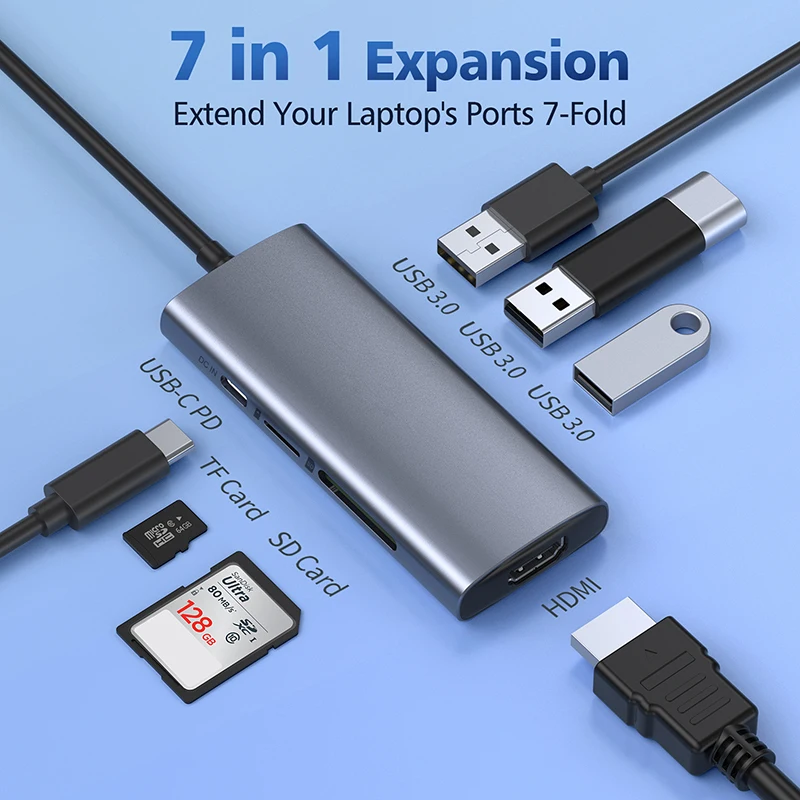 Type-C to HDMI/USB3.0/SD/TF/micro seven in one multifunctional adapter