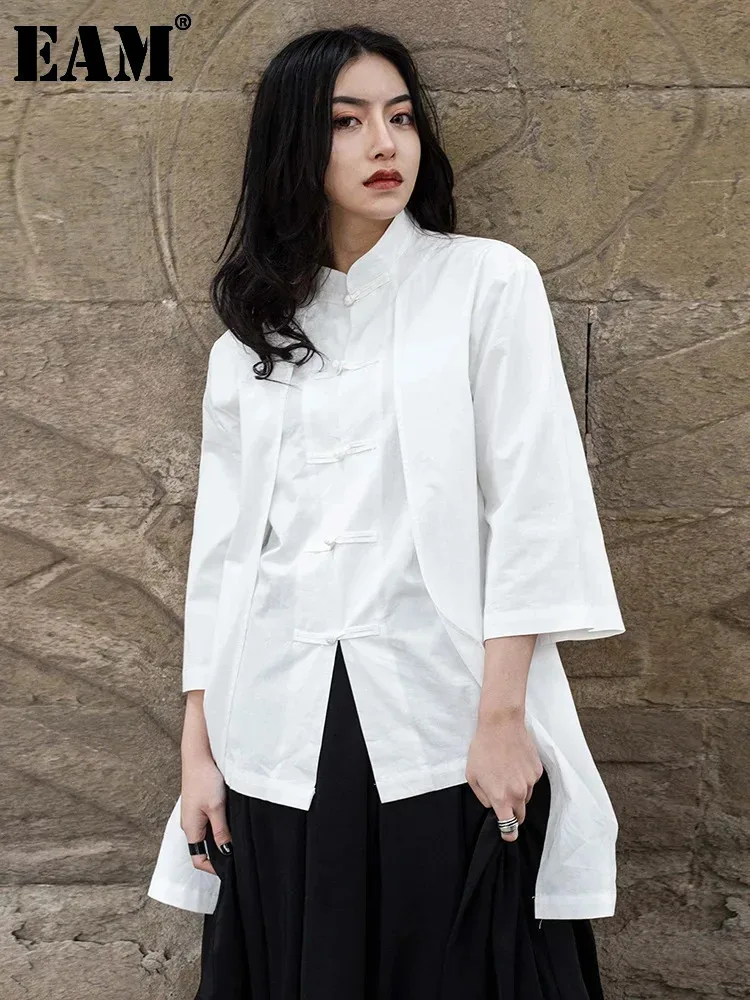 

[EAM] Women White Button Irregular Blouse New Lapel Three-quarter Sleeve Loose Fit Shirt Fashion Tide Spring Autumn 2024 1DF5344