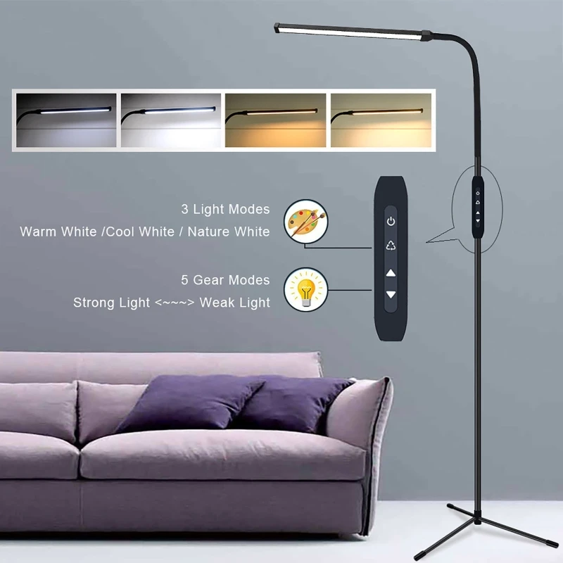 360° Rotating Standing Light Dimmable LED Floor Lamp 12W Flexible Gooseneck 3 Modes Touch Dimming For Living Room Remote Control