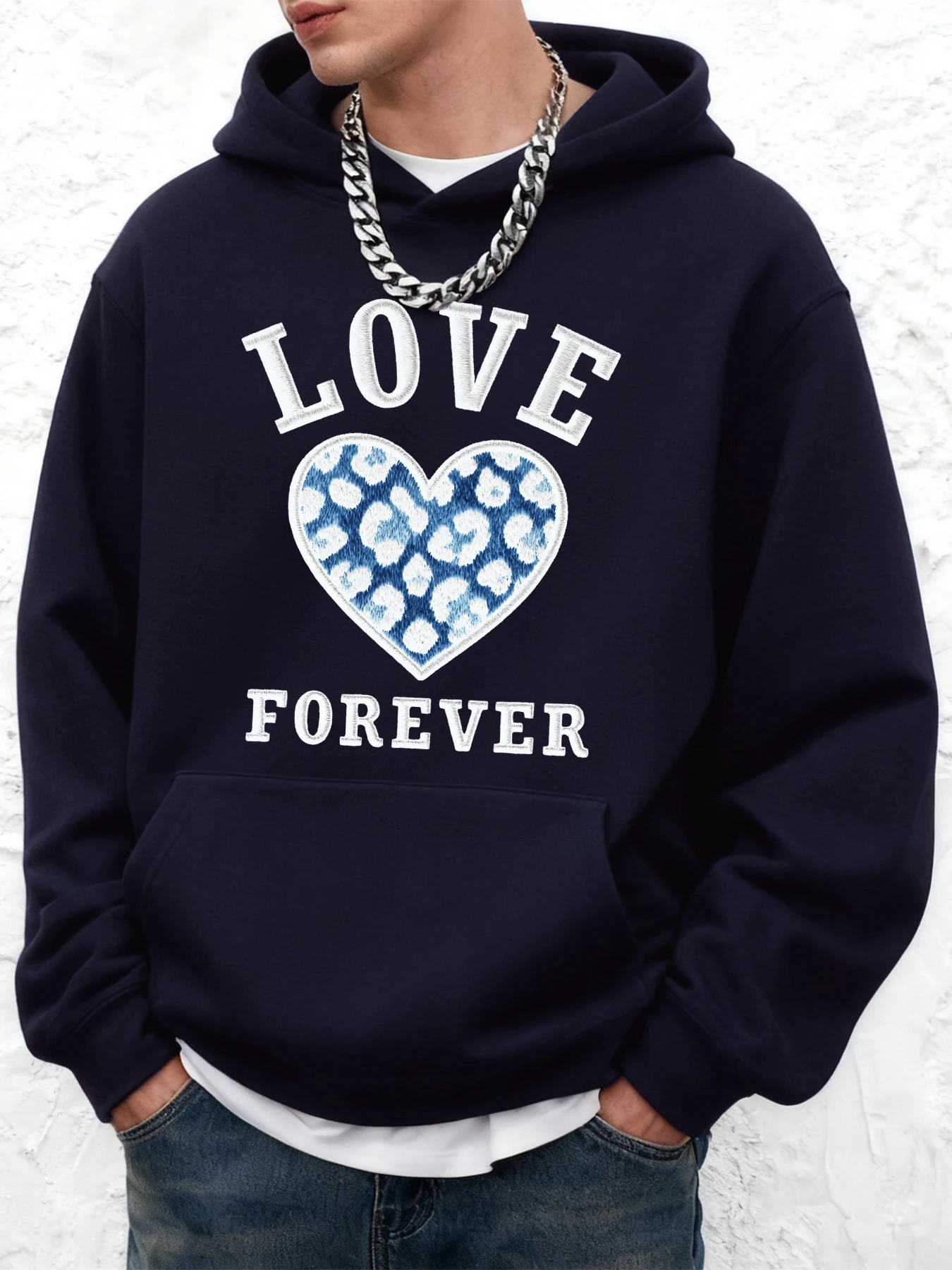 Męskie bluzy z kapturem z kreatywnym wzorem w panterkę, motywem miłości na zawsze, ciepłe, z kieszenią, luźne, codzienne ubrania sportowe z grubej bawełny.