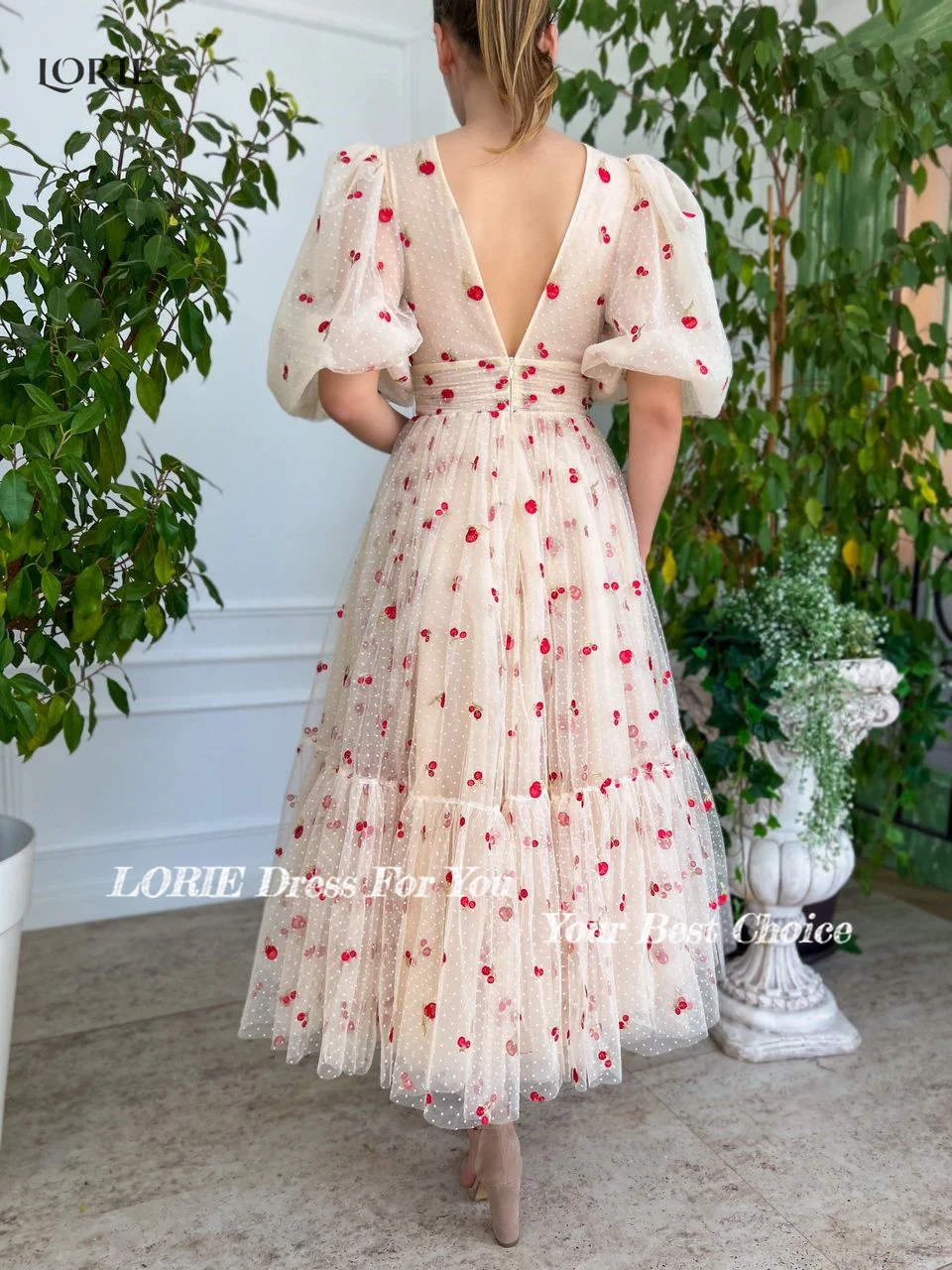 LORIE Red Dot Princess Prom Gowns A-Line Tulle Dubai Formal Evening Dresses Puff Sleeves Backless Ankle Length Celebrity Dress