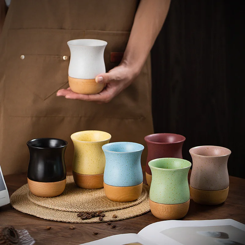 Taza Mate de arcilla gruesa de madera Retro creativa, taza de té Yerba Mate de cerámica de 250ml, Base de madera (sin pajita)