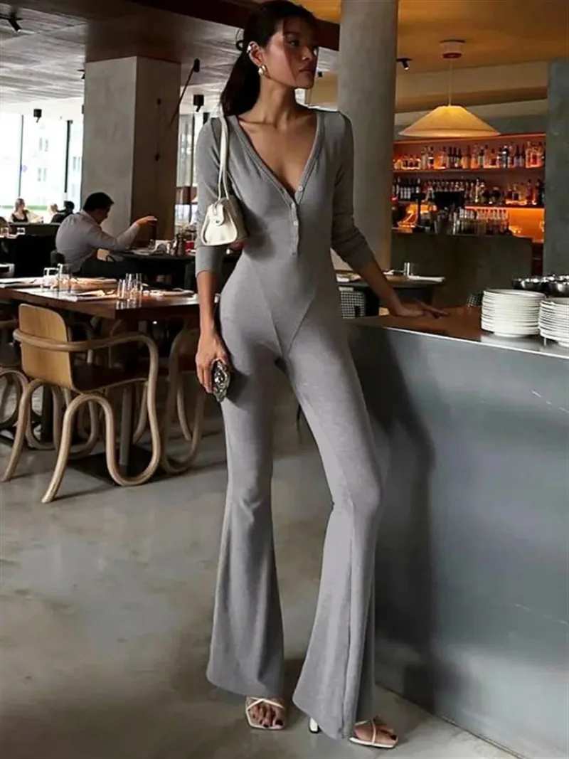 

Fashion Women's Clothing 2025 Autumn New Solid Color V-Neck Button Tight Long Sleeve High Waist Flared Jumpsuit High Streetwear