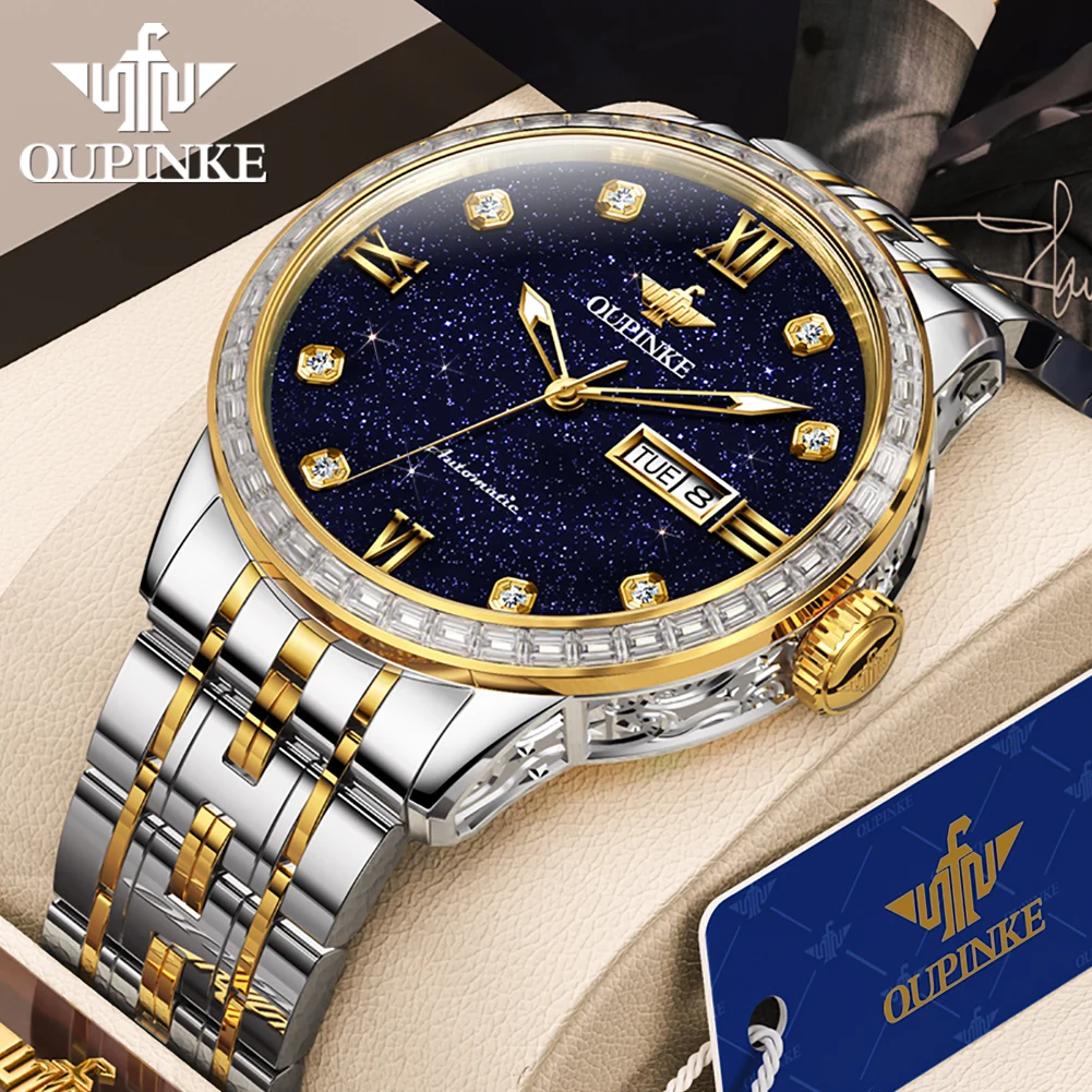 OUPINKE Watch Luxury Man Fashion Mechanical Watch 50M Waterproof Starry Sky Dual Calendar Male Hand Clock Clearance Reloj