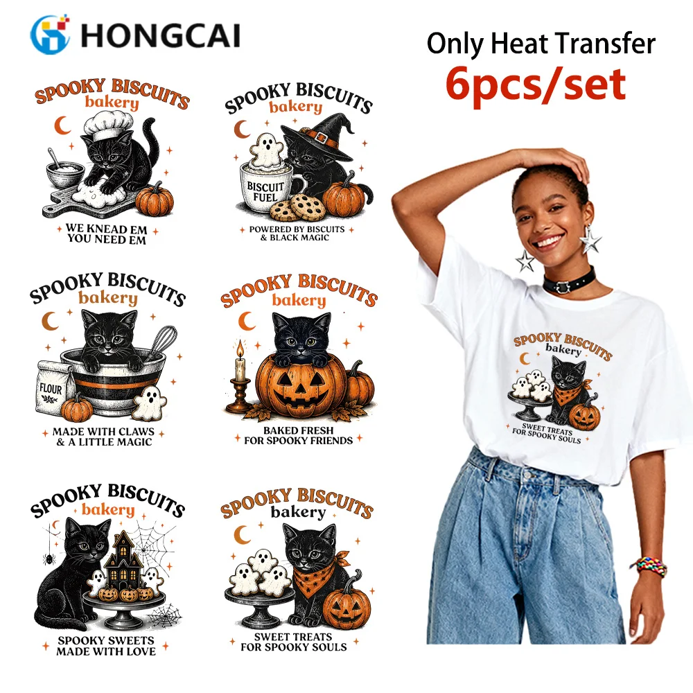 6Pcs Halloween Black Cat Baking HTV Iron-on Patches, for T-shirts & Bags DIY, Wash & Wear Resistant, Easy Application