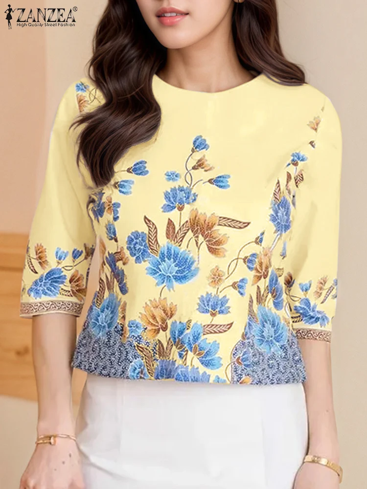 

ZANZEA Summer Blouses Women 3/4 Sleeve Tops 2025 Fashion Floral Print O Neck Loose Casual Blusas OL Streetwear Tunic Oversize
