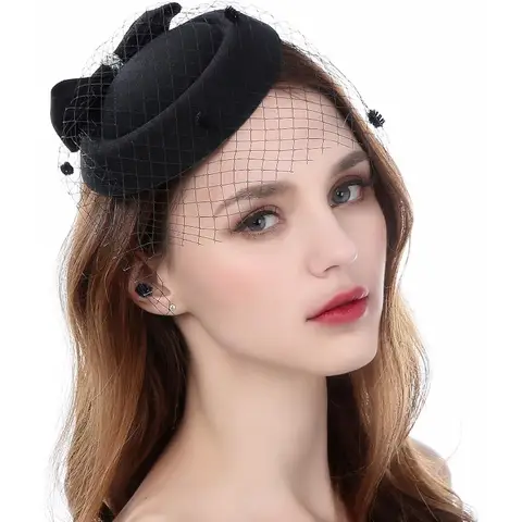 Felt Fascinator Hat Fishnet Veil Small Plush Wave Point Decor Hair Clips Wedding Bridal Cocktail Headwear Womens Fasciantor