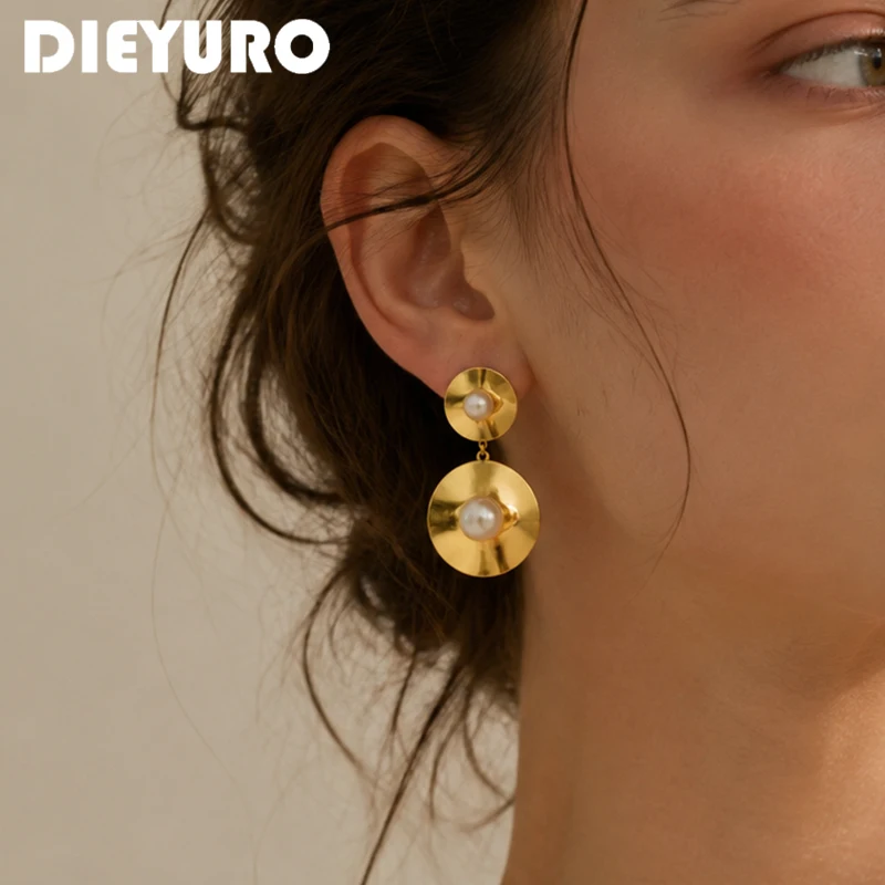 DIEYURO Elegant Imitation Pearl Inlay Round Geometric Drop Dangle Earrings Stylish Stainless Steel Waterproof Daily Jewelry Gift