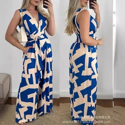 Elegant women's summer sleeveless V-neck lace up waist wide leg pants with casual lines printed women's high waisted jumpsuit