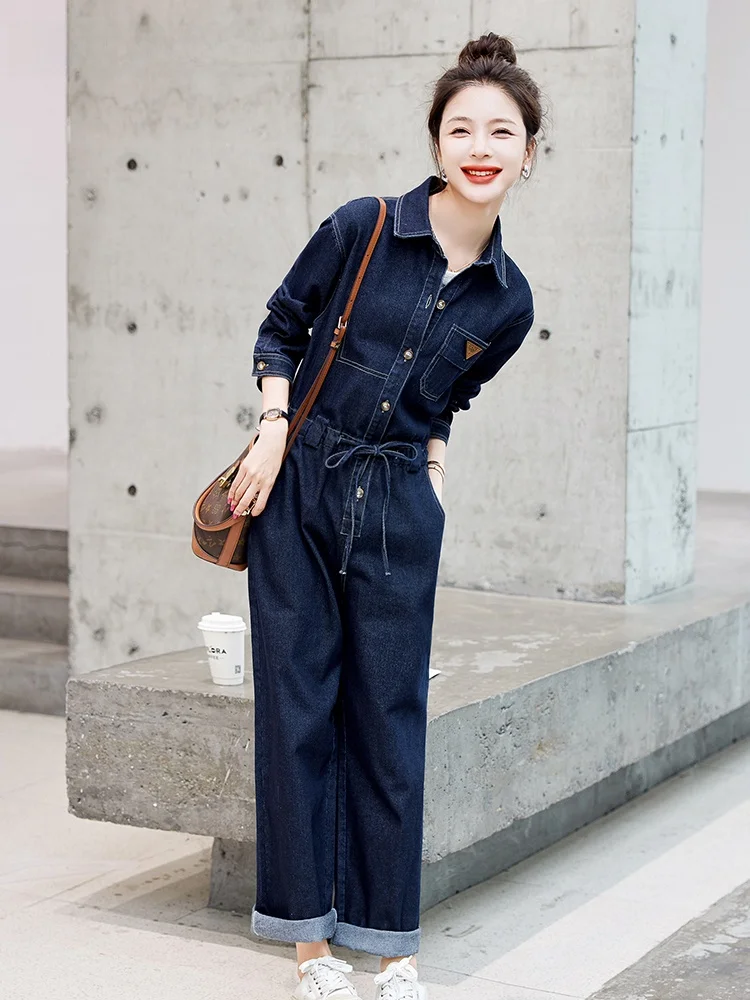 

La Chapelle Faionable Denim Onesie Women's High Waist Slimming Casual Dr Pants Cotton Straight Leg Trousers