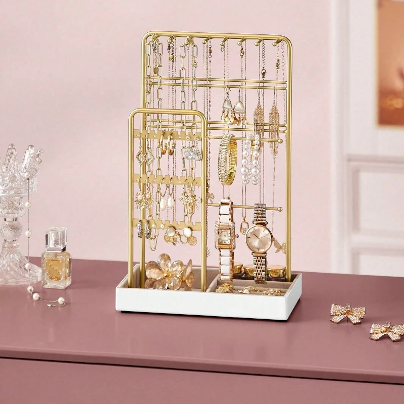 Jewelry Display Stand with Metal Frame & Velvet Tray, 3-Tier Necklace Earring Bracelet Holder Organizer, Tangle-Free Jewelry Tree for Rings, Studs & Watches, Gold