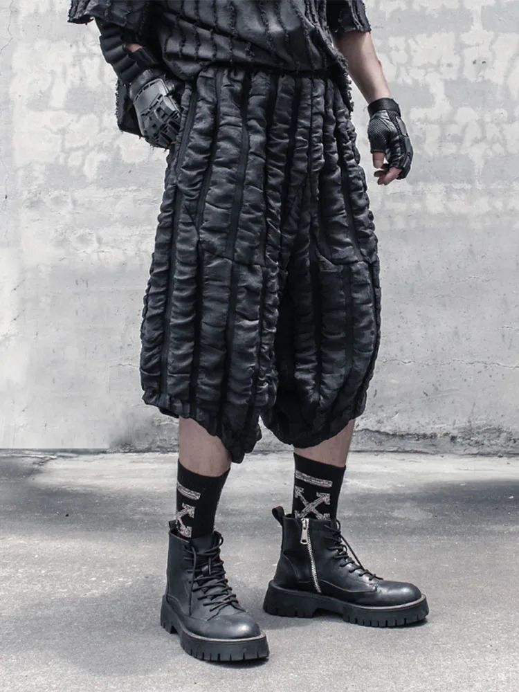 Dark Grid Design Short Sleeve Shirt Loose Casual Wide Leg Seven Inch Pants Men's Summer Fashion Youthful Daily Wear
