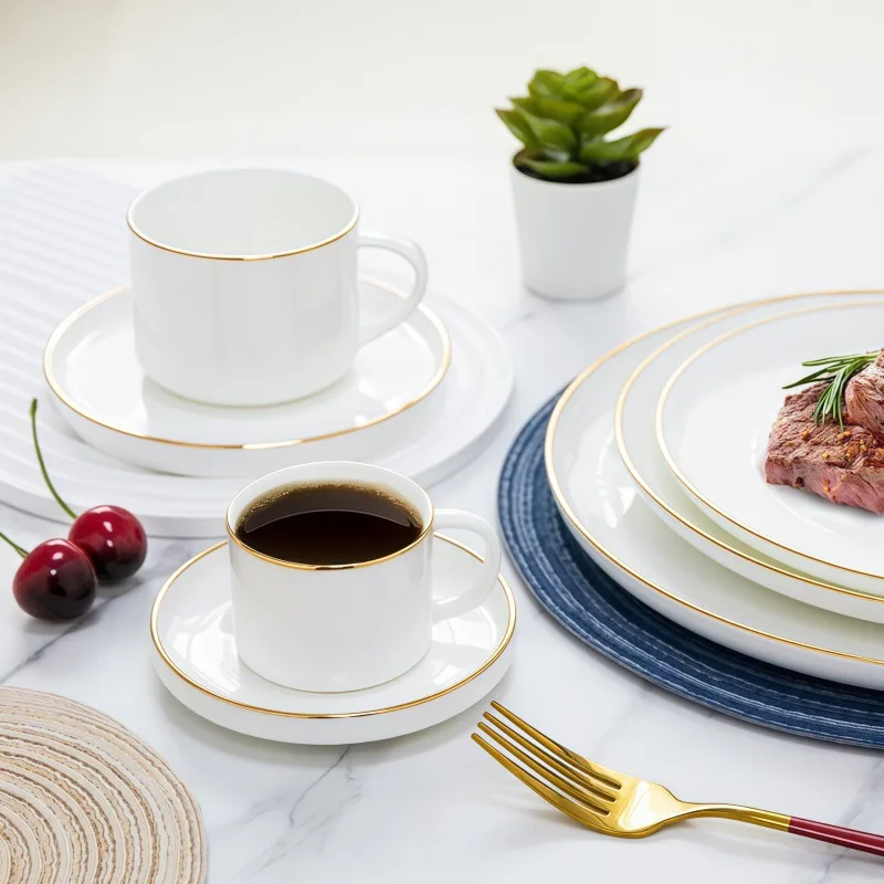 

Оптовая продажа с фабрики, простой домашний отель, круглая керамическая золотая оправа, мелкая тарелка, рекламный подарок, экспорт, костяной фарфор, кофейная чашка, блюдце