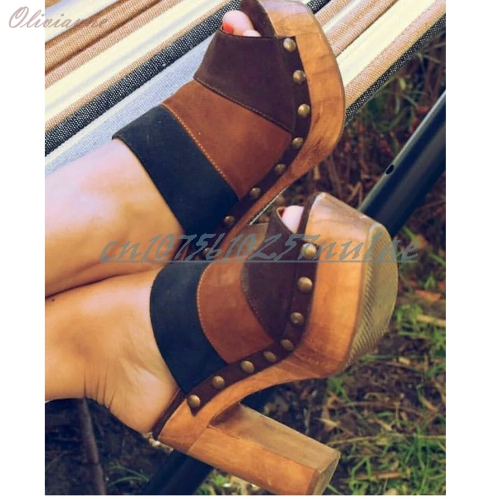 

Mutilcolor Suede Side Rivets Decor Retro Style Slippers Chunky High Heel Peep Toe Hot Party 2025 Women Shoes Zapatos Para Mujere