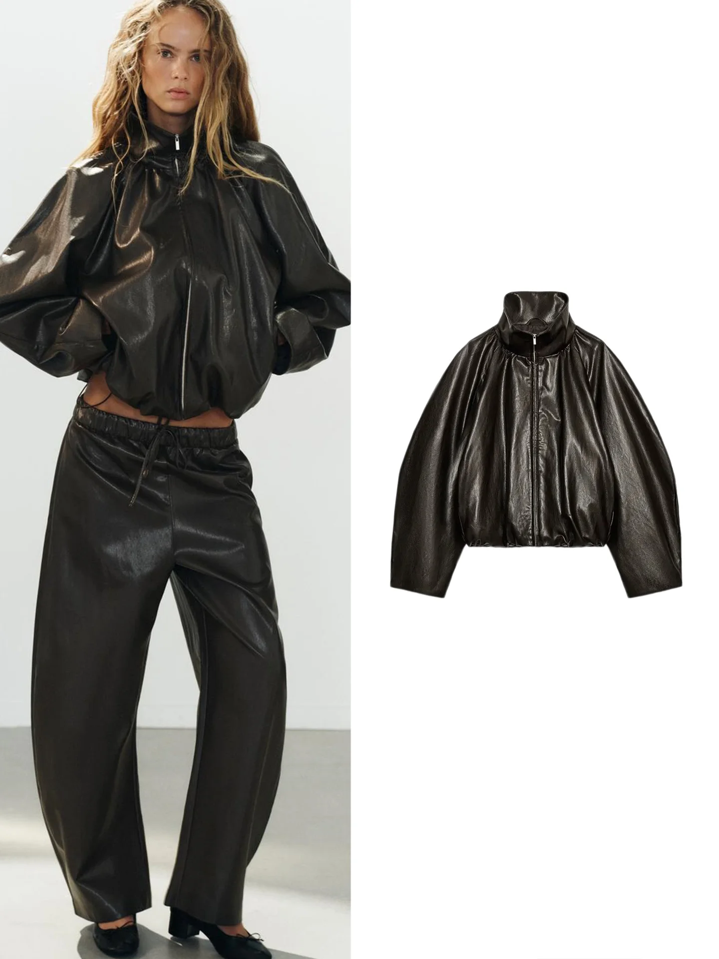 Fall New Women's Long Sleeve Stand Collar Zipper Decorative Elastic Hem Jacket French Style Standard Fit Polyester Fiber