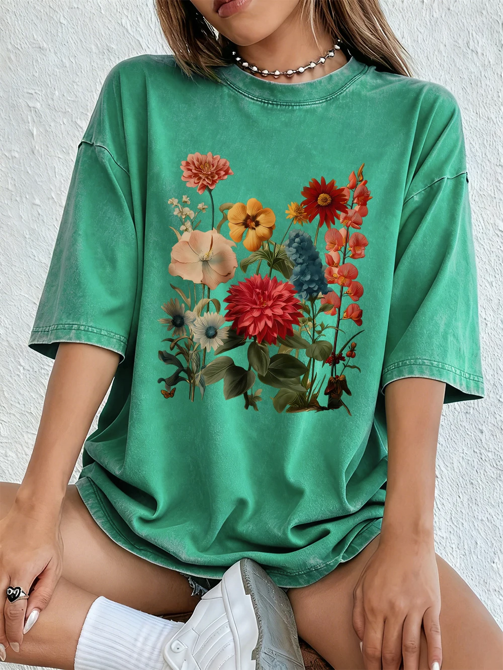Vintage Bohemian Blumenmuster Gewaschene T-Shirts Damen Baumwolle Kurzarm Tops Lässiger O-Ausschnitt Übergroßes T-Shirt Sommerkleidung
