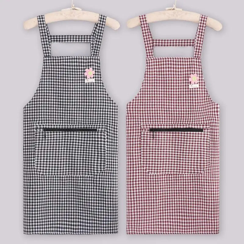Cotton Plaid Kitchen Apron Large Storage Pocket Cute Flower Design For Home Cooking Baking Cleaning