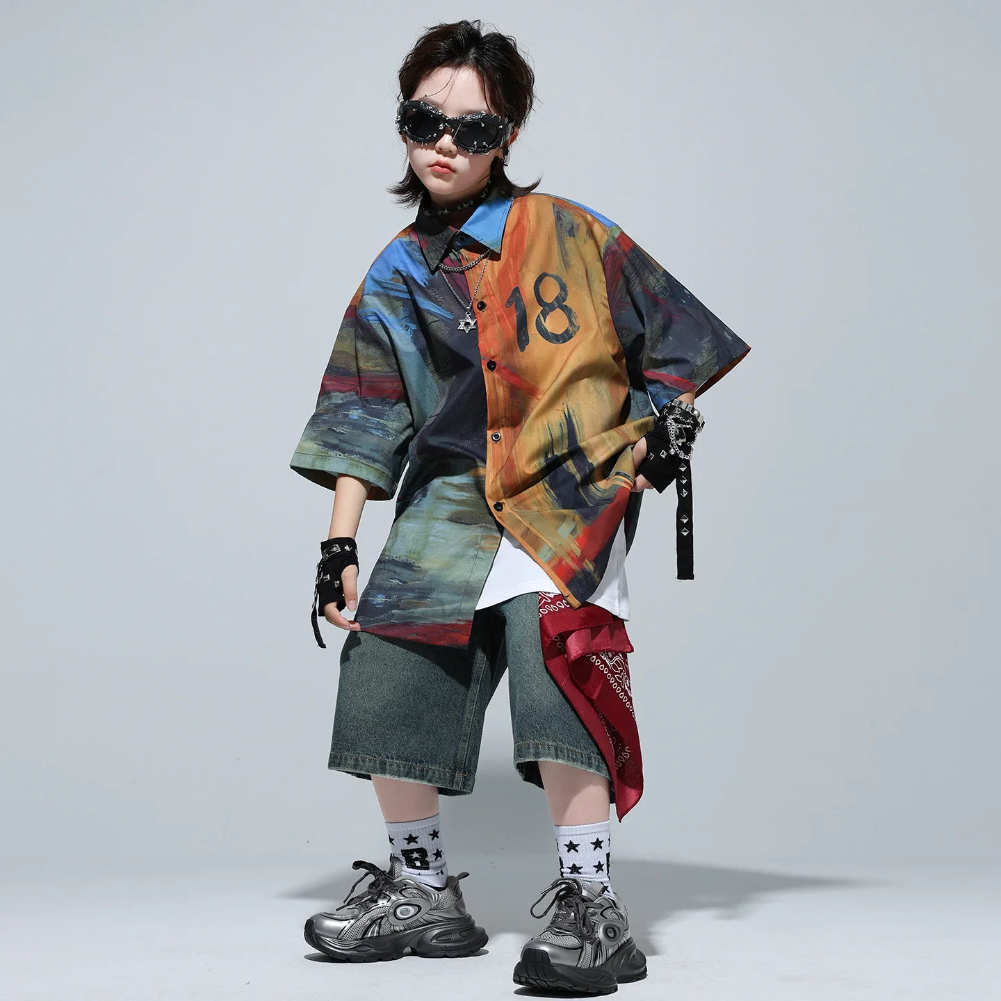 طفل الهيب هوب الملابس مجموعات النفط اللوحة طباعة قميص خمر الدينيم شورت جينز السراويل الأوسط لفتاة صبي ملابس رقص الجاز