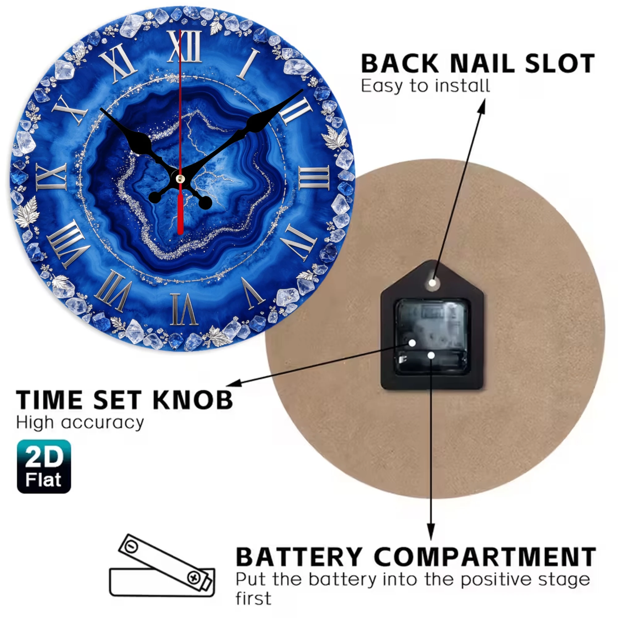 Blue Agate Crystal Geode Wooden Wall Clock, 10/12 Inch Round Wood Clock, Silent Non Ticking Quartz Movement, Silver Glitter Gem Printed Home Decor