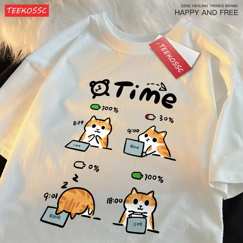 A Day When The Working Cat'S Battery Is Low Cotton Women T-Shirts Cartoons Prints T Shirts Loose O-Neck Soft Tops Summer Clothes