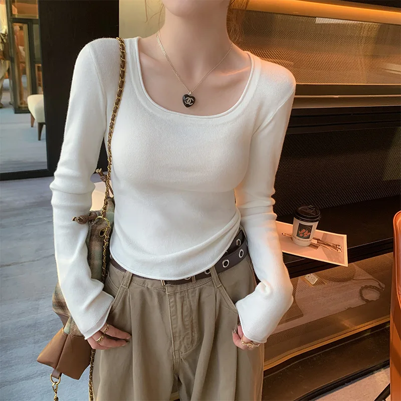 

Autumn Hot Sale Of The Season New Style Spring Summer Long Sleeve Ultra Sho Gray Knitted Top Square Collar Women's Base Shirt
