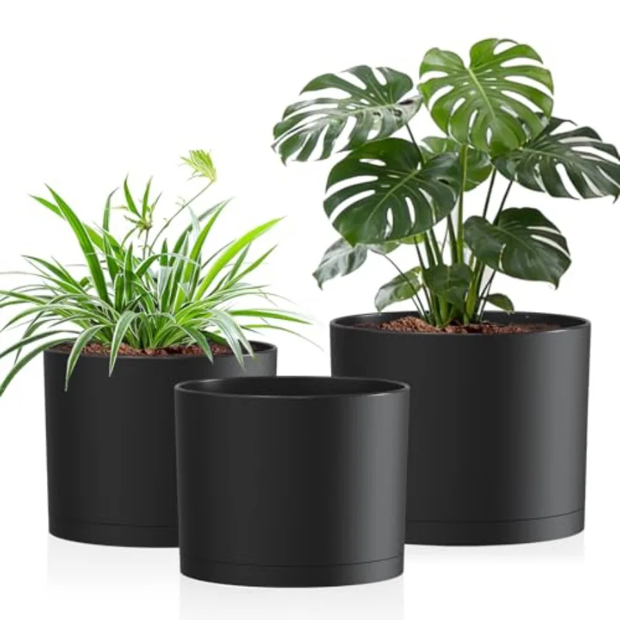 

10/9/8 Inch Large Plant Pots with Drainage Holes and Trays, 3 Pack Modern Minimalist Cylinder Planters for Monstera, Snake Plan