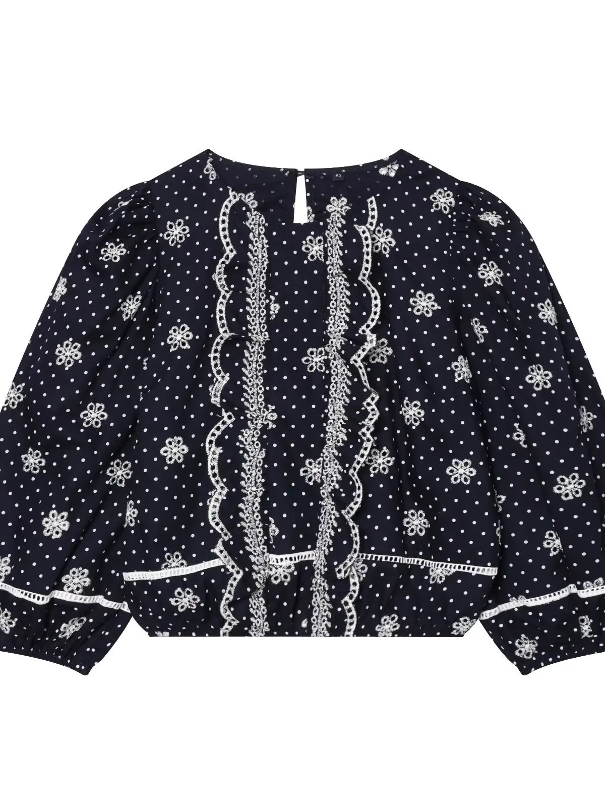 Retro Style Bubble Sleeve Embroidered Hollow Polka Dot Shirt Women's Early Autumn Short Top Loose Fit Cotton Blend Fabric