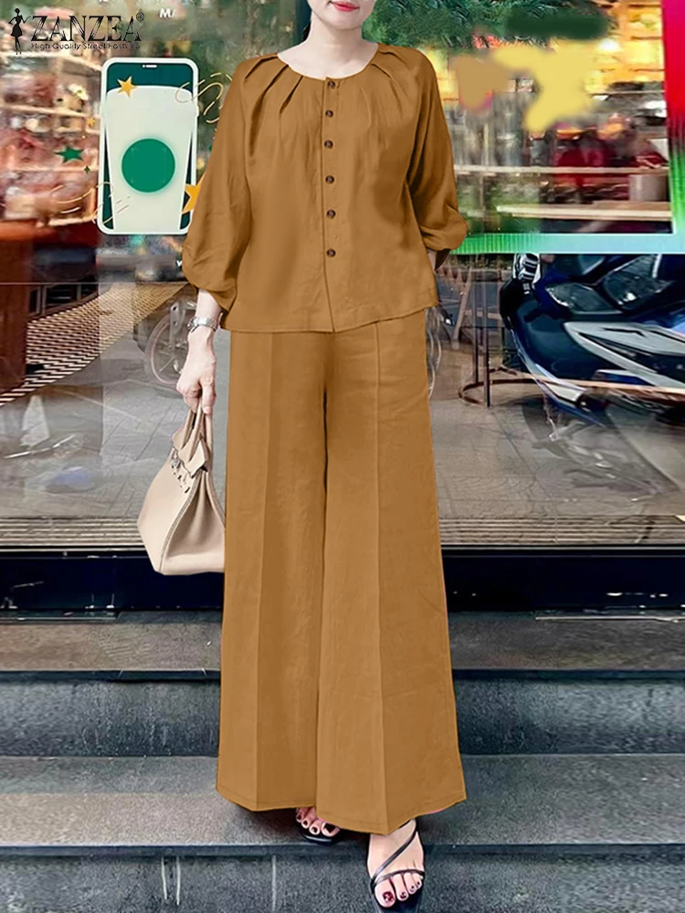 

ZANZEA Women Casual Pant Sets Spring Chic Solid Wide Leg Pants 2pcs Outfits 3/4 Sleeve Pleated Blouses Elegant 2-Pieces Sets