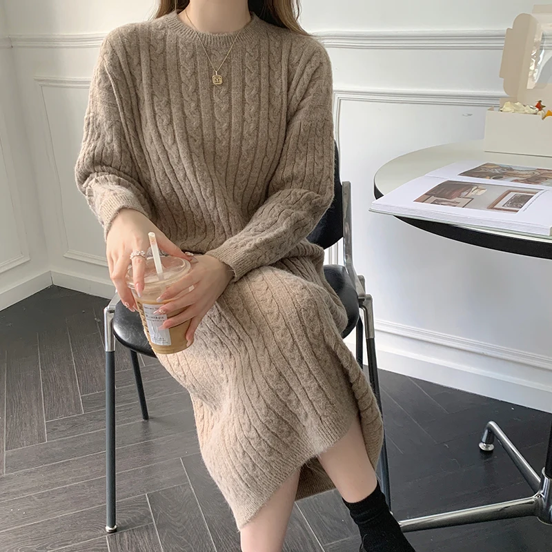 Coffee Striped Women Knitted Dress Loose 2023 Autumn Full-sleeve Retro Knitwear Jumper Lady Korean Soft Wool Vestido Winter M