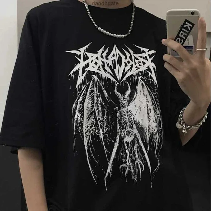 Black Demon Punk Gothic Anime Print T-shirt Harajuku Y2K Tops Tshirt Summer Oversized T Shirt Retro Men Women Clothes Streetwear