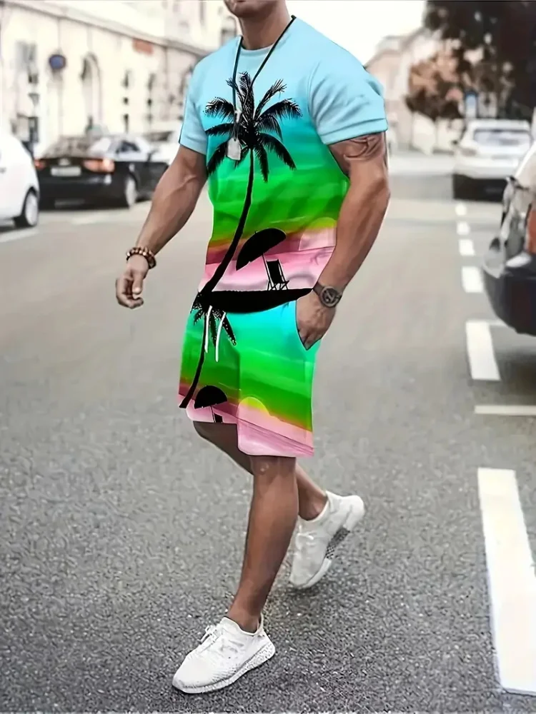 

Men's Casual Short Sleeve Set Summer Coconut Tree Sailboat Print Casual Fashion Street Clothing Short Sleeve Shorts 2 Pieces