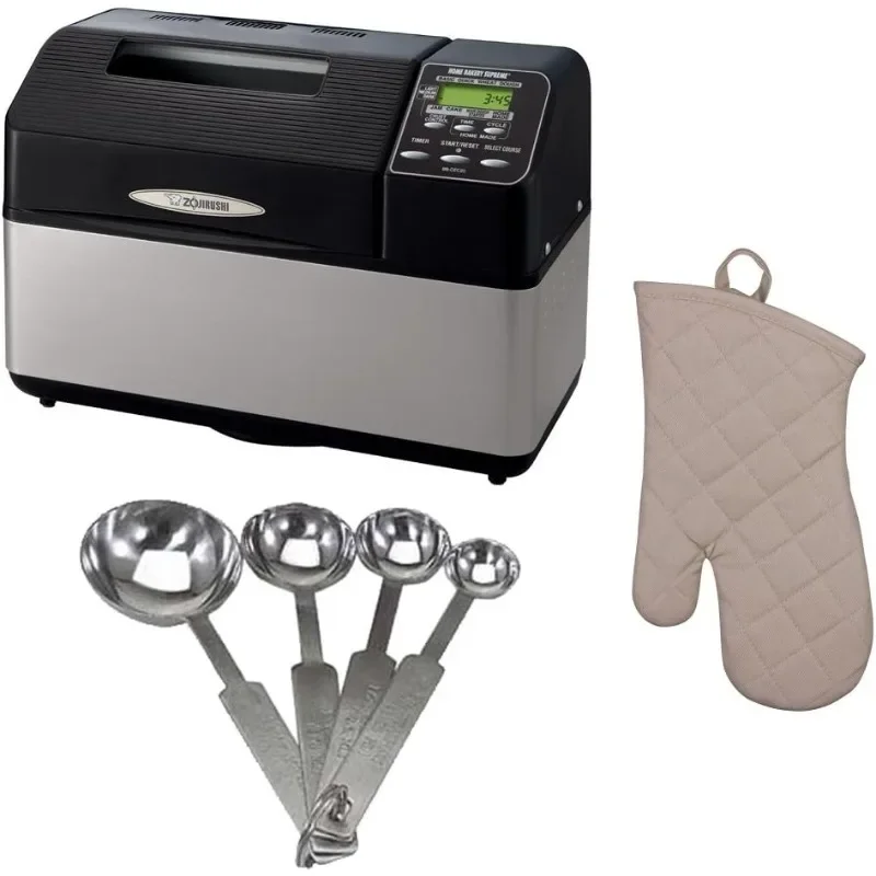 2-Pound-Loaf Breadmaker, Black Includes Stainless Steel Measuring Spoon Set and Oven Mitt, Use for baking breads