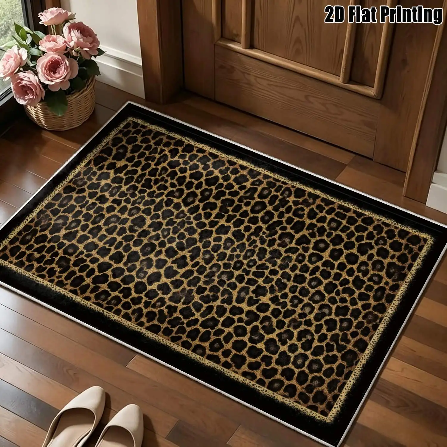 1Pc 2D Printed Black Gold Leopard Velvet Carpet, Nordic/Instagram/Modern/European/Vintage Style, Multi-Size Machine Washable Home Decor Mat for Entrance, Dining, Foyer, Bedroom, Living Room