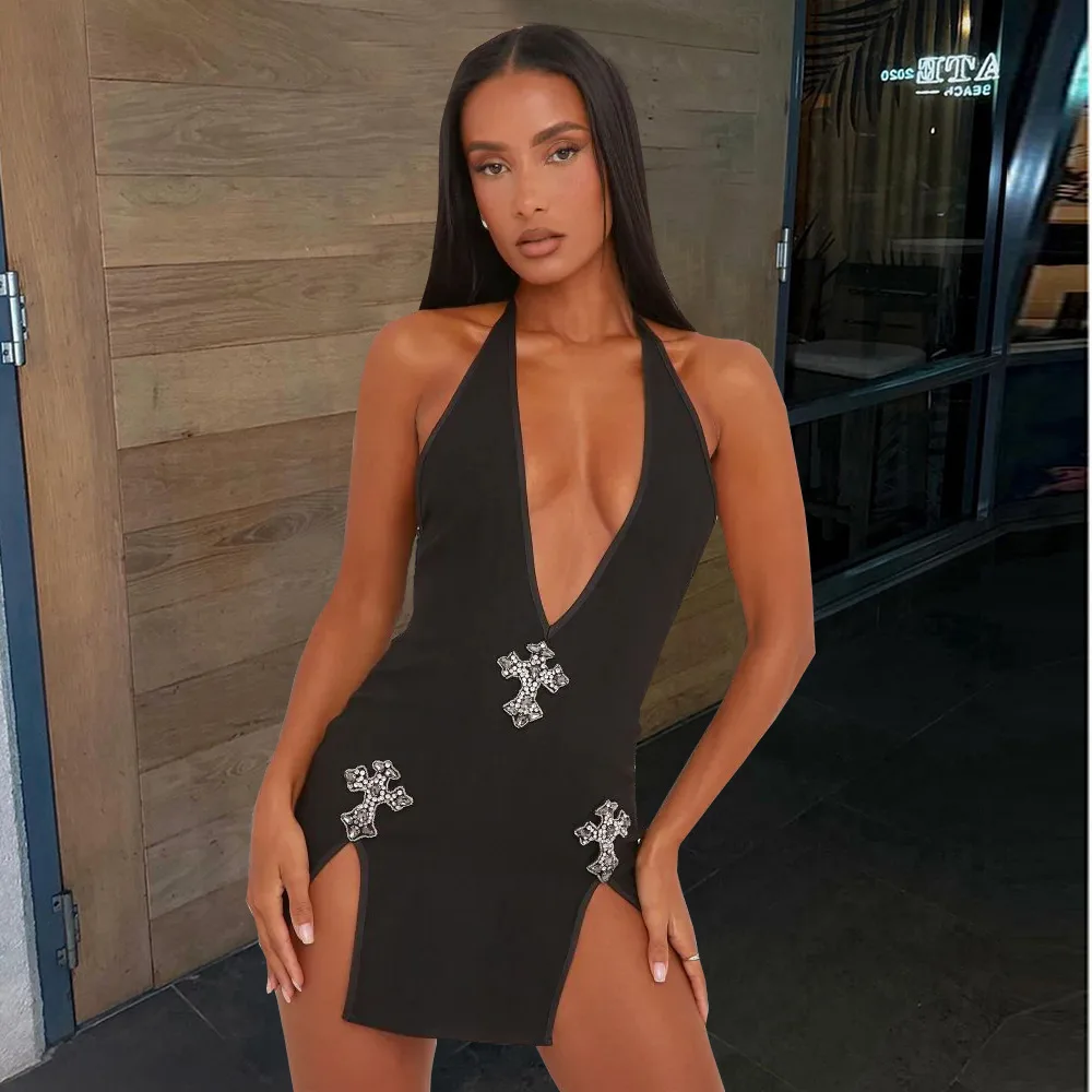 

Luxury Women Beach Outings 2024 Dress For Elegant Summer Lace Neck Backless Drill New Wear Solid Spandex Kaftan Tunic Bikini