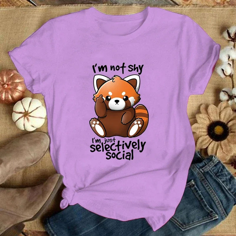 T-Shirts Women Short Sleeve Funny Round Neck Tee Shirt (Premium T-shirt)Panda I'M Not Shy I'M Just Selectively Social Printed