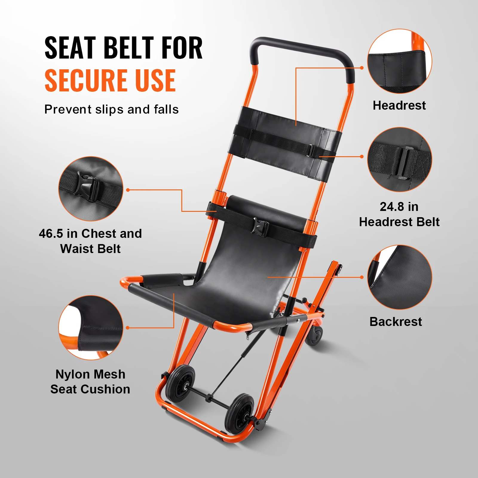 VEVOR Chaise d'Évacuation 158 kg Chaise Monte Escalier avec 4 Roues Fauteuil Roulant de Transfert Médical Transport d'Urgence Portable Pliable pour Personnes Âgées, Handicapées, Ambulance, Pompier