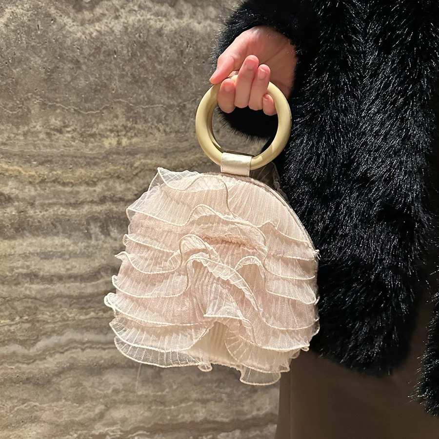 

Ruched Design Satin Evening Bag Round Handle Lace Elegant Handbag Dinner Party Sweet Clutch Purse Chains Shoulder Crossbody Bags