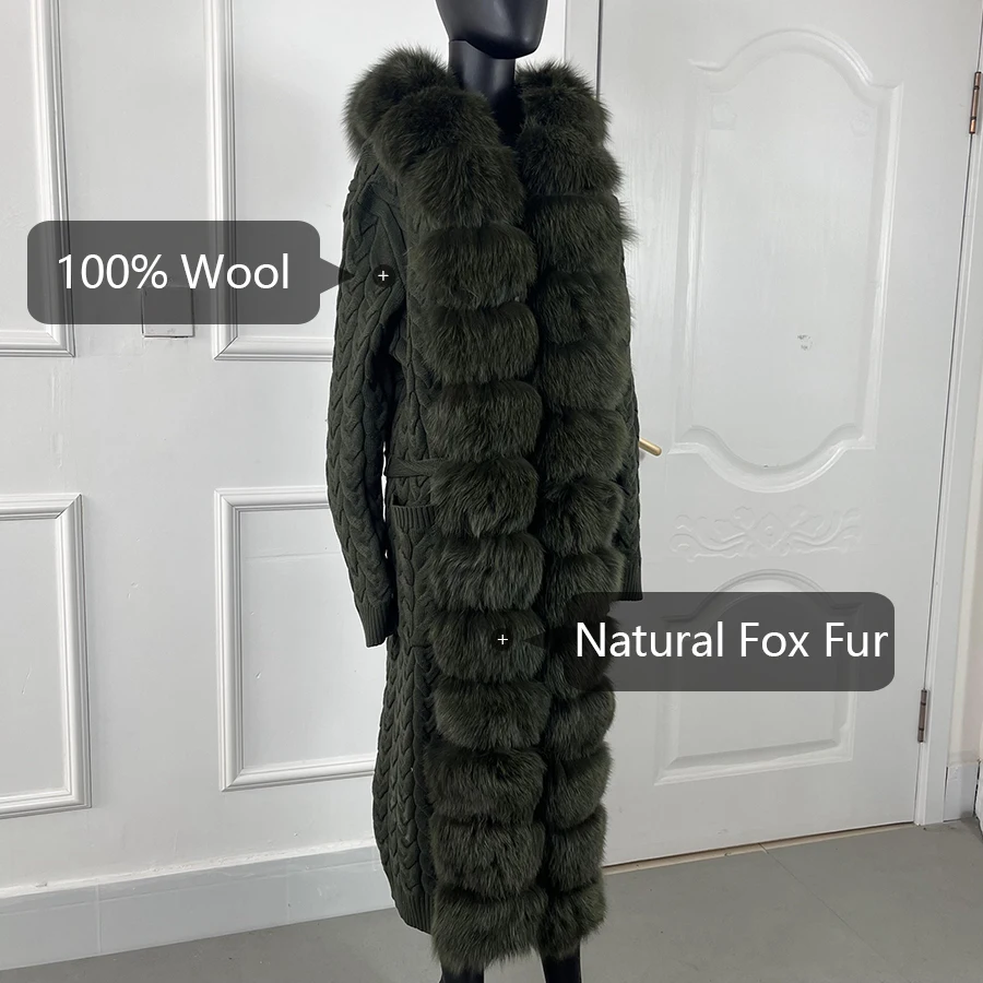 Wool Capes Long Cardigan With Fox Fur Coat Cashmere Knit sweater Winter Women With Real Fox Fur Trims Full Sleeve