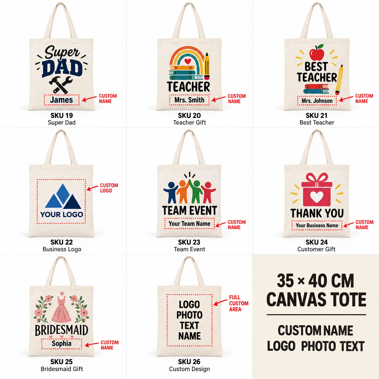 Custom Canvas Tote Bag Personalized Name Logo Printed Reusable Shopping Bag Family Pet Wedding Holiday Teacher Business Gift