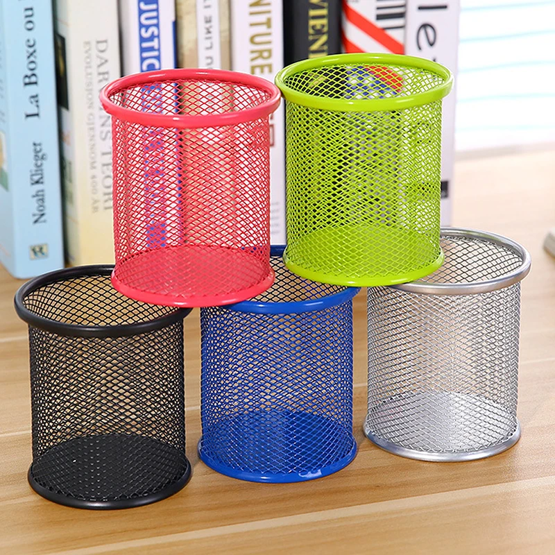 Iron Pen Holder Hollow Desktop Storage Bucket Student Stationery Multi-functional Office Black Color Round Square Pen Holder