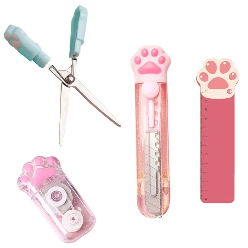 4 Pcs Correction Tape Scissors Utility Knife Ruler Cute Cat Paw Stationery Set Kawaii School Supplies for Cat Lovers