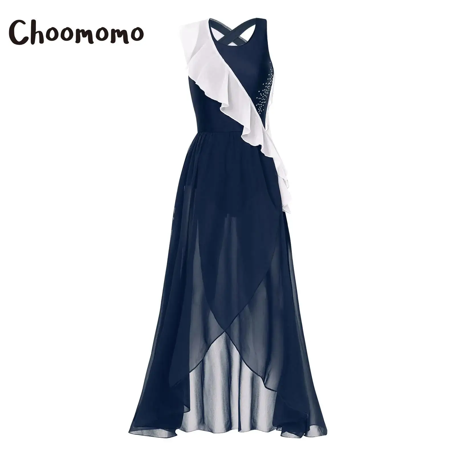 

Womens Modern Dance Costume Sleeveless Cross Back Color Block Ruffles Asymmetrical Dress Shiny Rhinestones Dance Costume