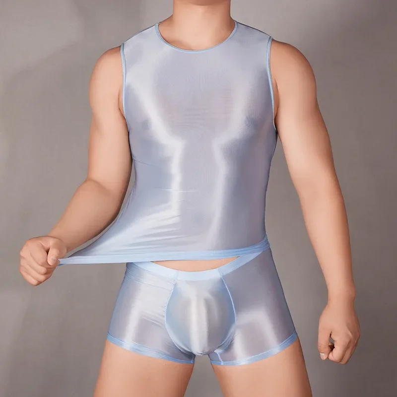 Mens Sexy Sheer Oil Shiny Glossy Top Stretchy Underwear Vest See Through Vast Fitness Round Neck Vest Erotic Tops Gay Fetish